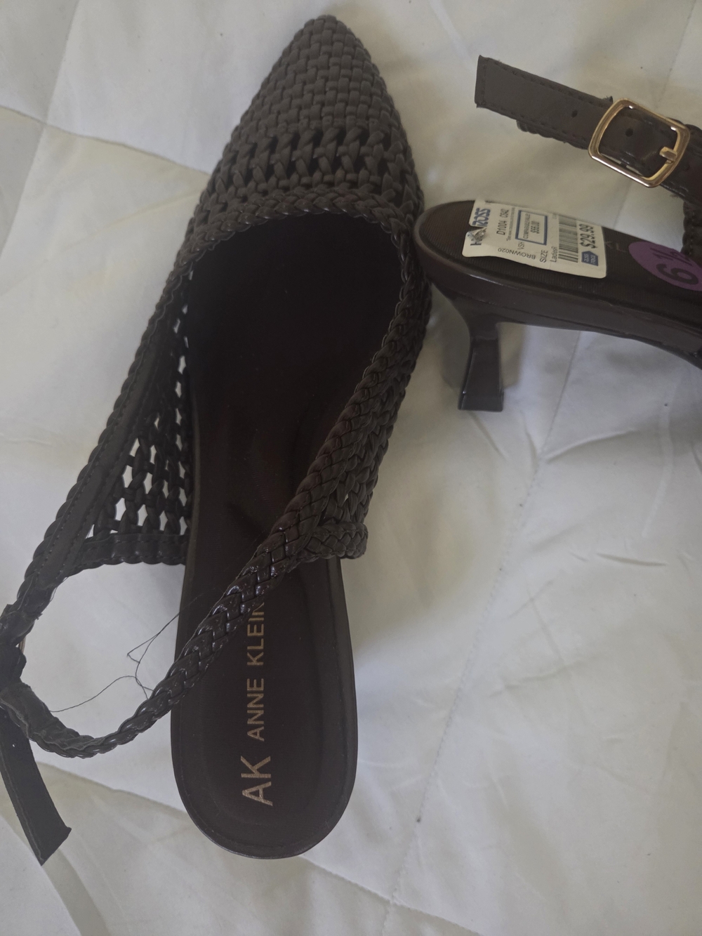 Anne Klein Dark Brown Woven Pointed-Toe Slingback Mules
